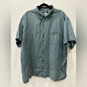 Patagonia Mens Cross Print Hemp Blend Short Sleeve Button Up Shirt Size XXL Blue